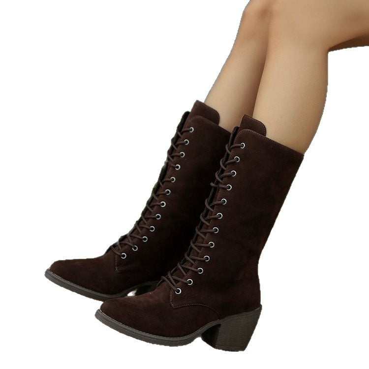 Damen Elegante Schnürstiefel aus Veloursoptik mit mittelhohem Schaft und komfortablem Blockabsatz Drune