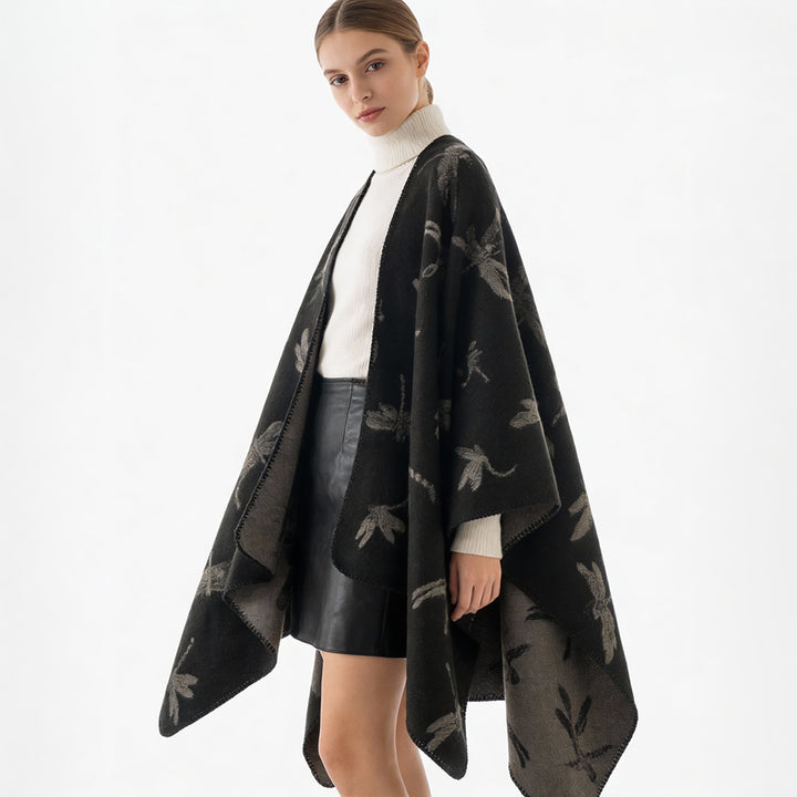 Damen Reversibler Cape-Poncho mit Libellen-Jacquard und feinem Saum Drune