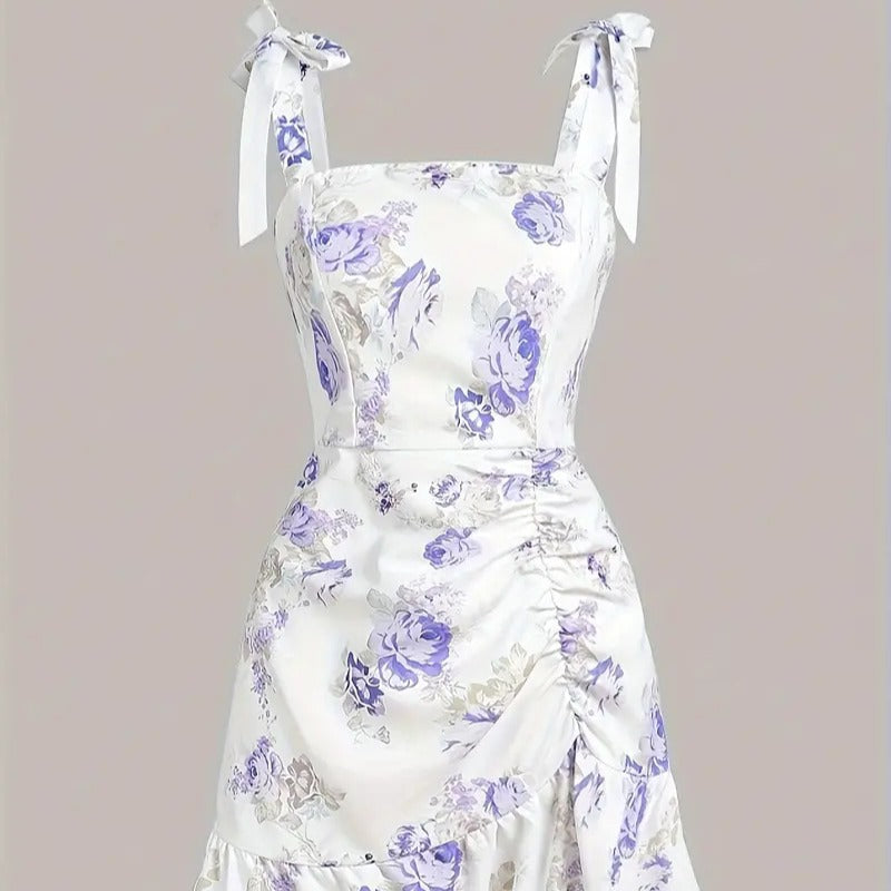 Damen Spaghettiträger Mini-Kleid mit floralem Design und Rüschensaum Drune