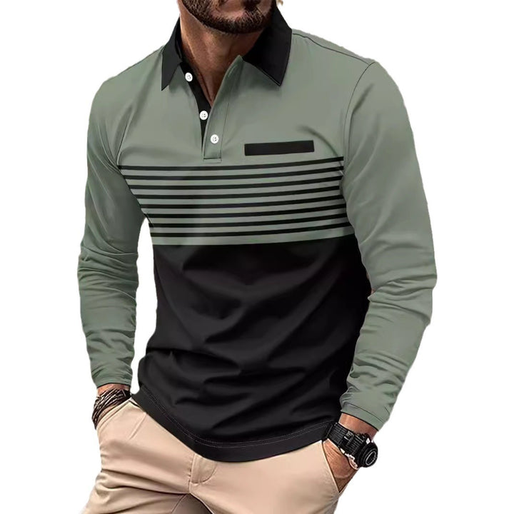 Herren nan langärmliges Poloshirt mit kontrastierendem Hemdkragen, dezenter Brustpaspel und feinem Streifenrelief Drune