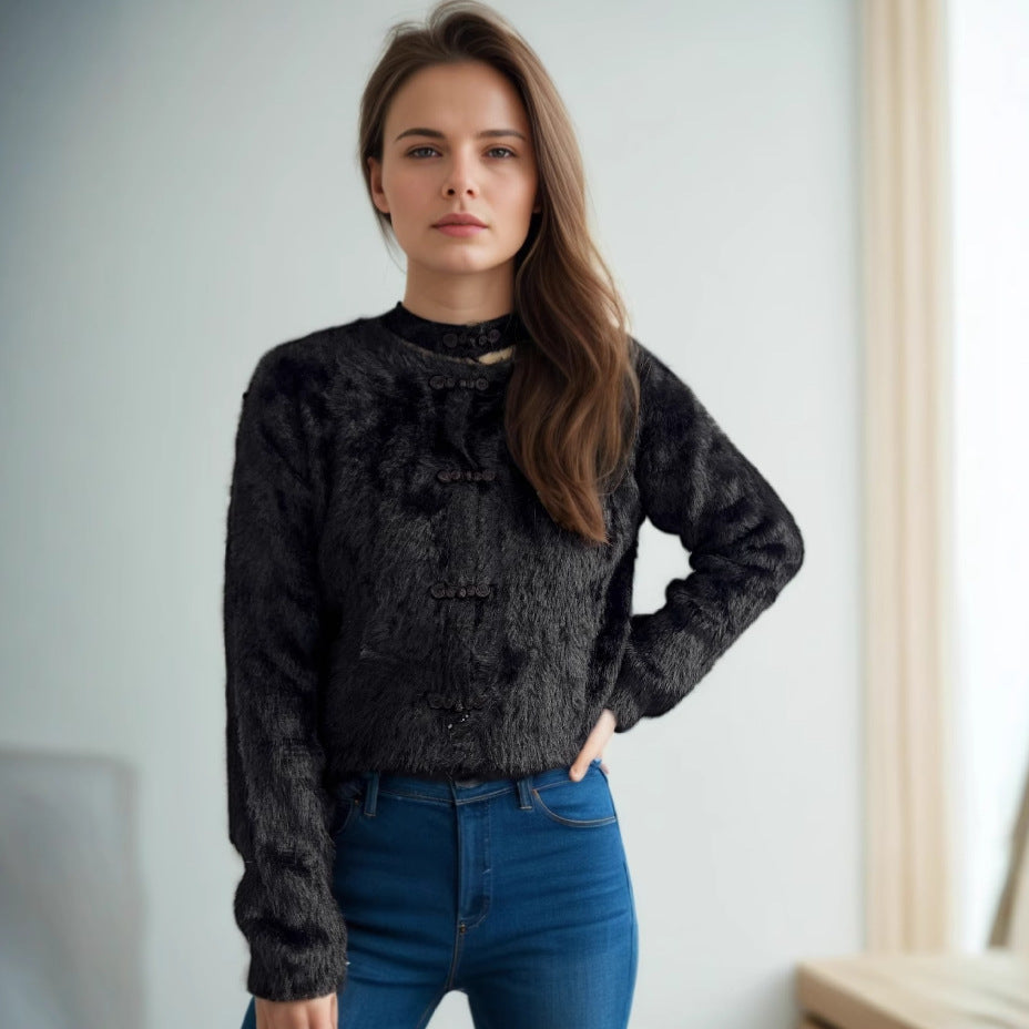 Damen kuscheliger Pullover mit hochgeschlossenem Kragen und dekorativen Knopfdetails Drune