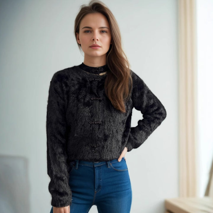 Damen kuscheliger Pullover mit hochgeschlossenem Kragen und dekorativen Knopfdetails Drune