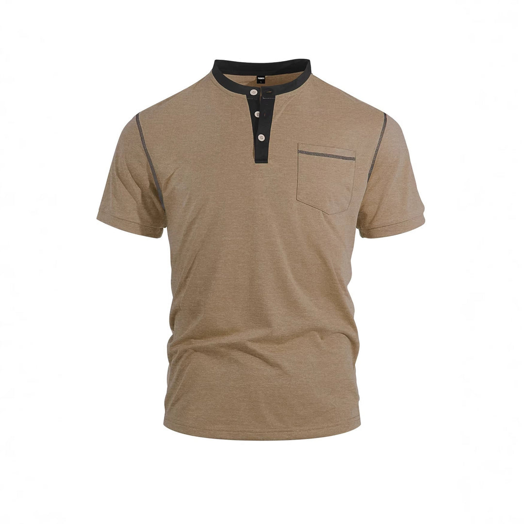 Herren nan legeres Kurzarm-Bandkragenshirt mit Knopfleiste Brusttasche und Flatlocknähten Drune