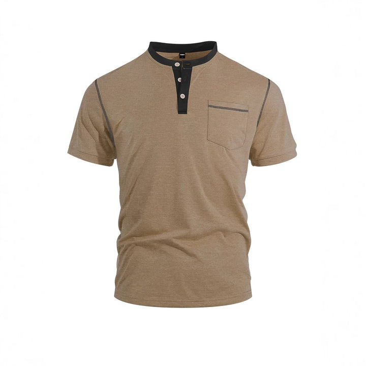 Herren nan legeres Kurzarm-Bandkragenshirt mit Knopfleiste Brusttasche und Flatlocknähten Drune
