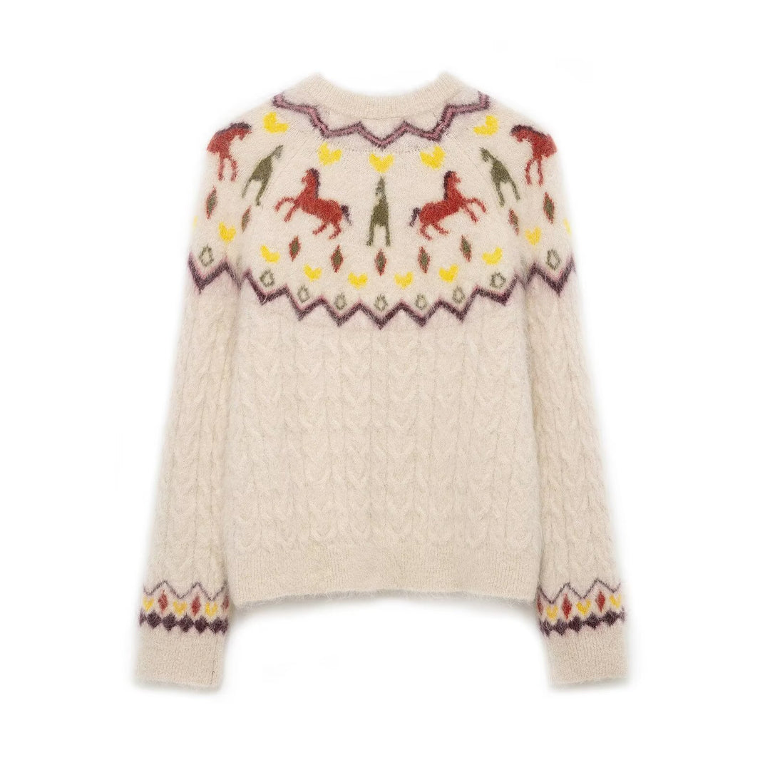 Damen 10+ gemusterte Mohair‑Cardigan mit Norweger‑Motiv, Zopfmuster und Knopfleiste Drune