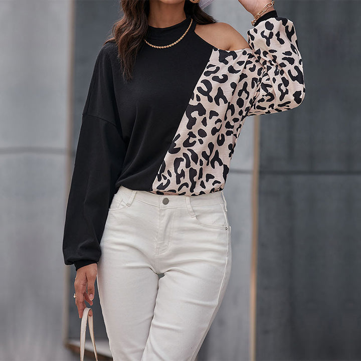 Damen Schulterfreies Sweatshirt mit Leoparden-Panel und Stehkragen Drune