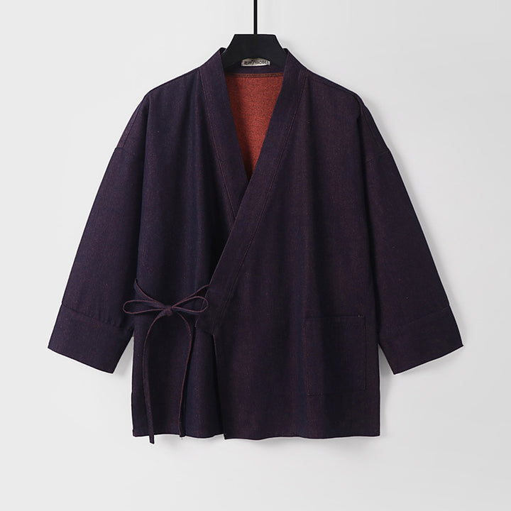 Damen Leichte zweifarbige Kimono-Jacke mit Bindebändern und kontrastiertem Innenfutter Drune