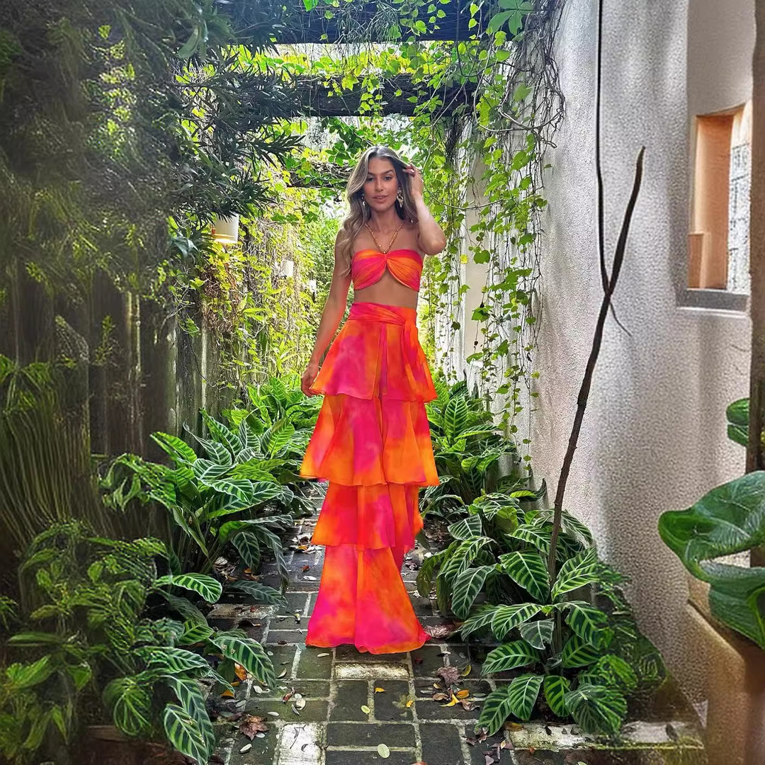 Damen Zweiteiliges Sommeroutfit mit bandeau Oberteil und voluminösem Stufenrock Drune