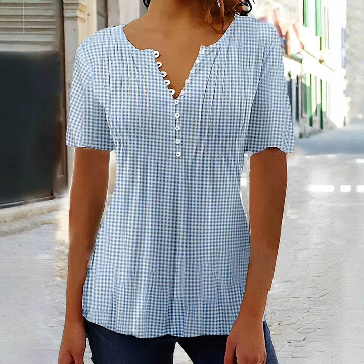 Damen nan leichte Karobluse mit V-Ausschnitt, Zierknopfleiste und Stufenvolant Drune