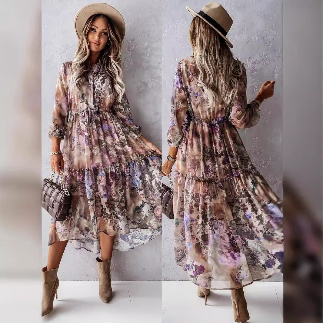 Damen Maxi-Kleid mit fließendem Rüschensaum und elegantem Druck Drune