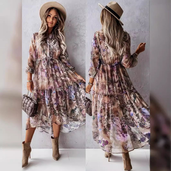 Damen Maxi-Kleid mit fließendem Rüschensaum und elegantem Druck Drune