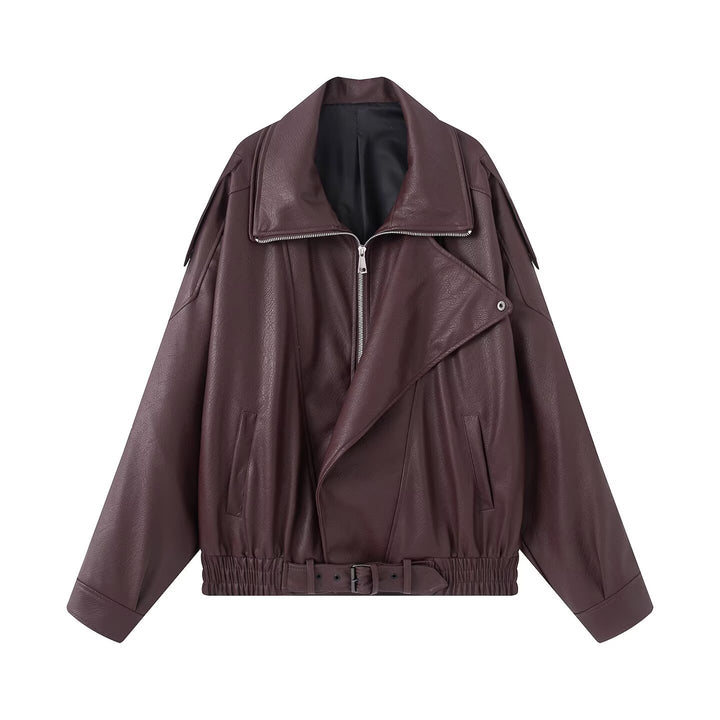 Damen Kunstleder Bikerjacke mit asymmetrischem Reißverschluss und Taillengürtel Drune
