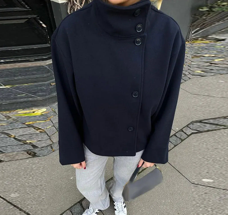 Damen modische Kurzjacke mit hohem Kragen und Knopfverschluss Drune
