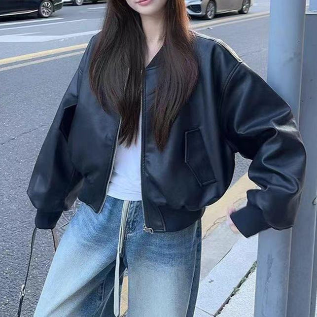 Damen stylische Lederjacke im urbanen Oversized-Schnitt Drune