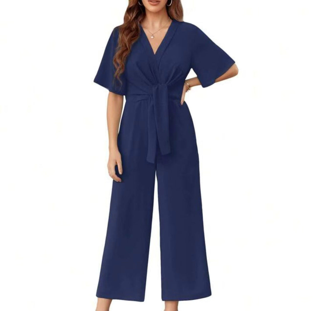 Damen eleganter Wickel-Jumpsuit mit weiten Beinen und Taillengürtel Drune
