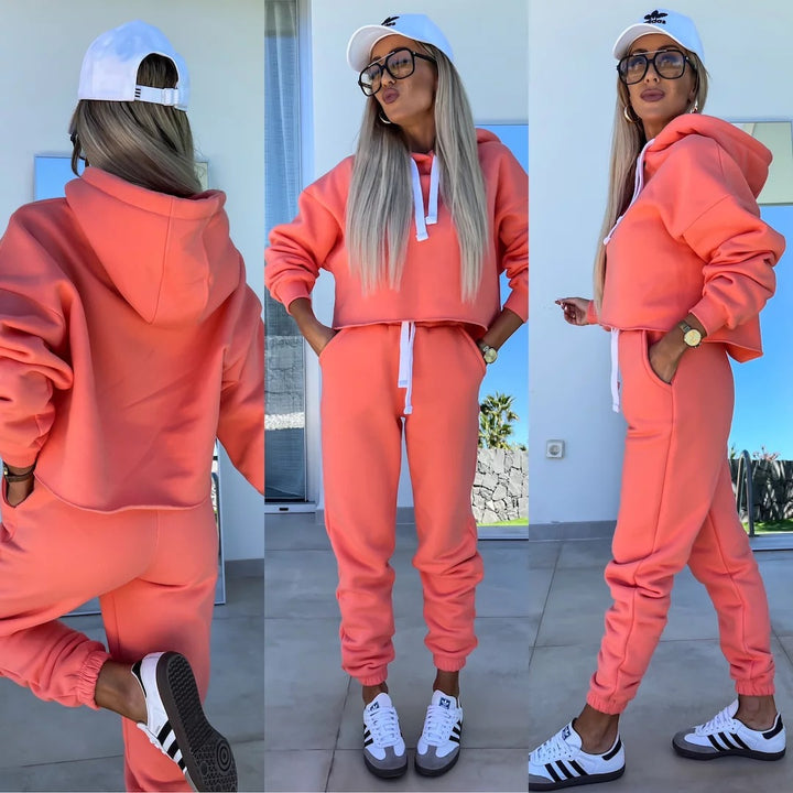 Damen sportliches Cropped Hoodie und Jogginghose-Set Drune