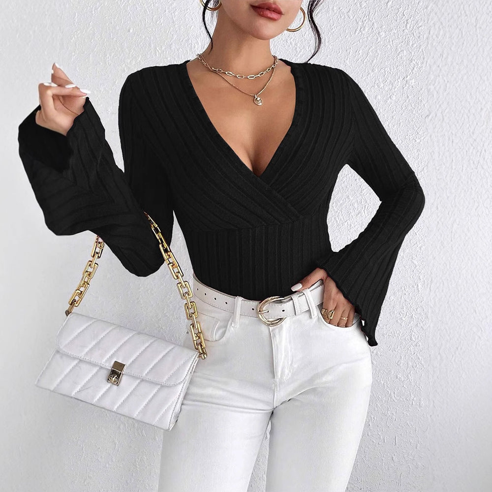 Damen elegantes Wickeloberteil mit Rippstrick und gedrilltem Design Drune