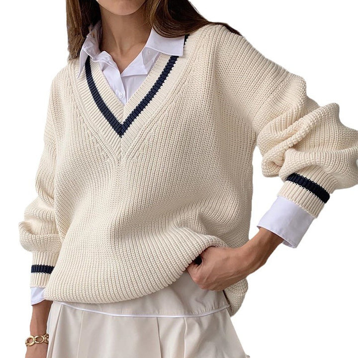 Damen V-Ausschnitt Pullover mit kontrastierenden Streifen Drune
