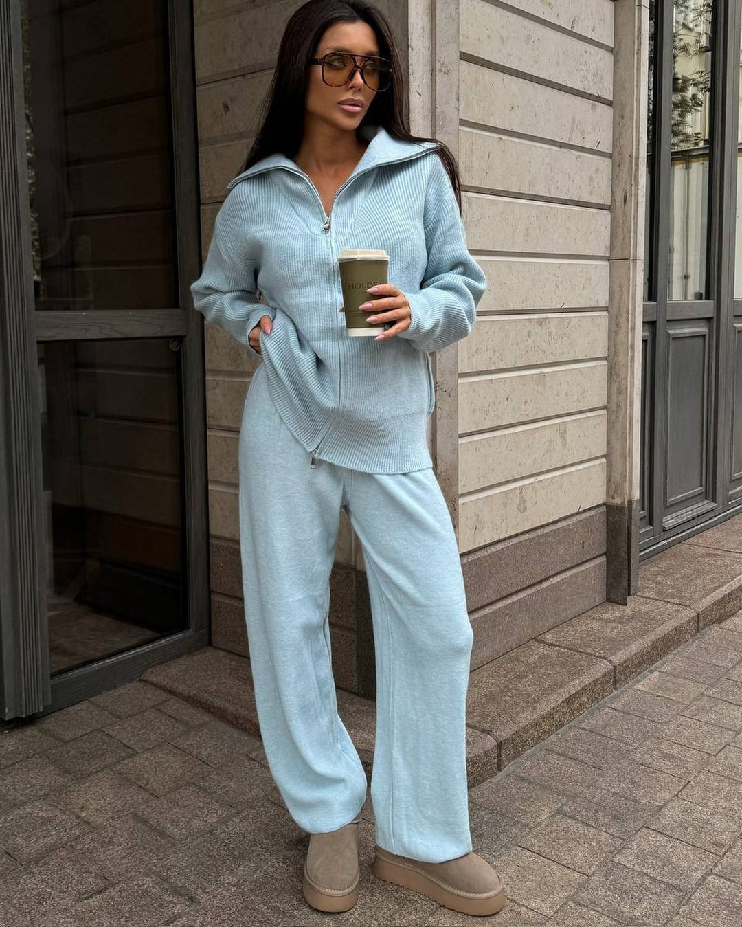 Damen Feinstrick-Loungewear-Set mit Zwei-Wege-Reißverschluss und weitem Umlegekragen Drune