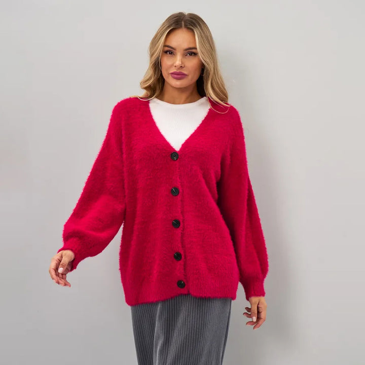 Damen kuschelige Strickjacke mit asymmetrischem Schnitt und Knopfverschluss Drune