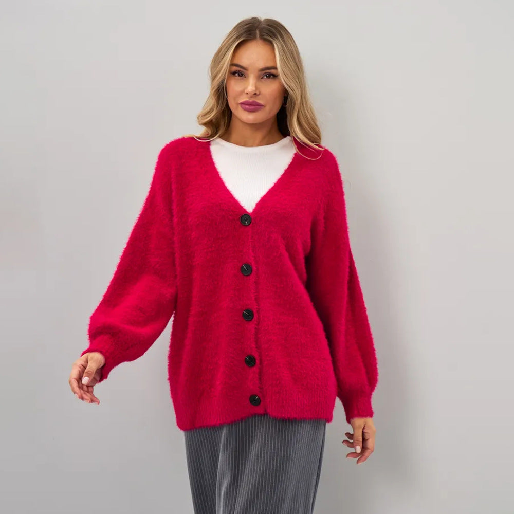 Damen Flauschige Strickjacke mit tiefem V-Ausschnitt und Knopfdetails Drune