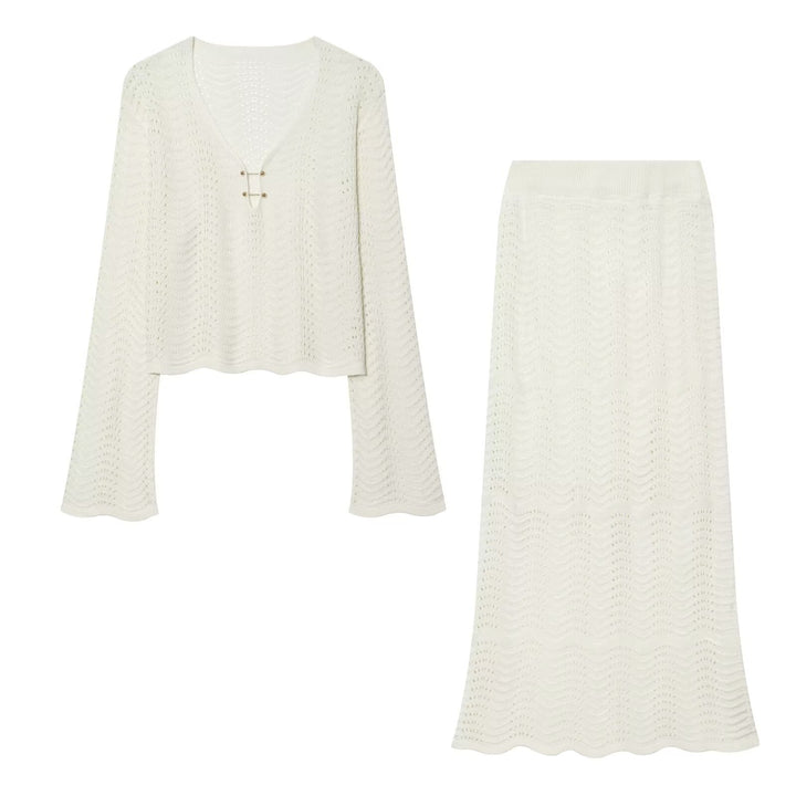 Damen Gestricktes Zweiteiler-Set mit V-Ausschnitt Croppedpullover und Midirock Drune