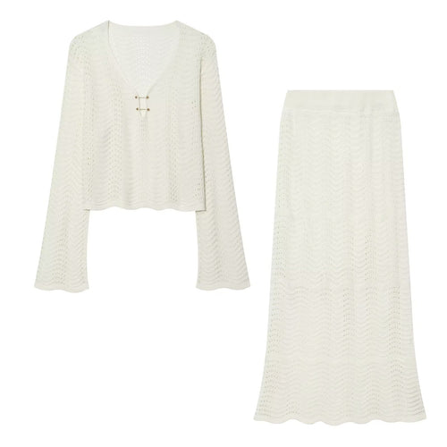 Damen Gestricktes Zweiteiler-Set mit V-Ausschnitt Croppedpullover und Midirock Drune