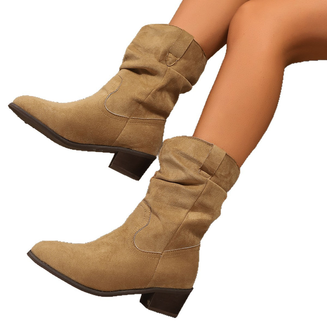 Damen Veloursleder Slouch-Cowboy-Stiefel mit niedrigem Blockabsatz Drune