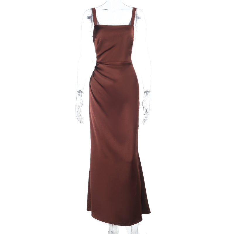 Damen Elegantes Satin-Maxikleid mit schmalen Trägern Drune