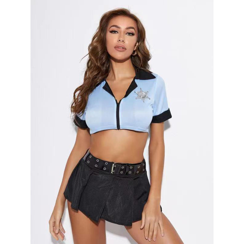 Damen Polizei-Kostüm mit figurbetontem Cropped-Oberteil und schwingendem Minirock Drune