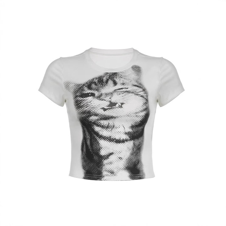 Damen Crop-T-Shirt mit kreativem Katzenmotiv Drune