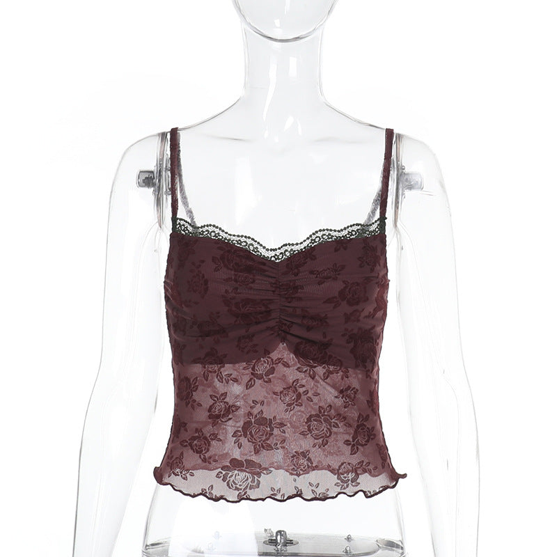 Damen Spitzen-Crop-Top mit floralem Design Drune