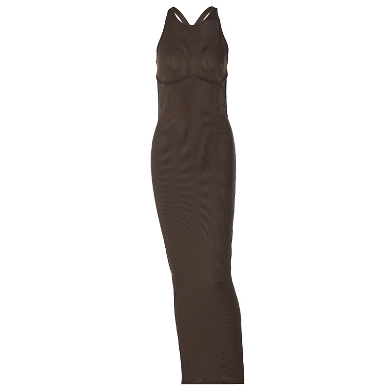 Damen körpernahes Strick-Maxi-Kleid mit raffiniertem Ausschnitt und langen Trägern Drune