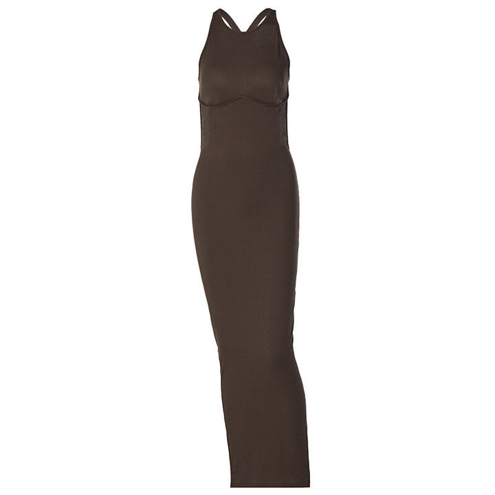Damen körpernahes Strick-Maxi-Kleid mit raffiniertem Ausschnitt und langen Trägern Drune