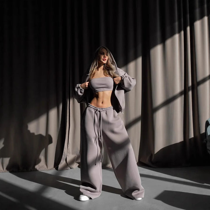 Damen gekürztes Scuba-Hoodie mit oversized Kapuze und elastischer High‑Waist Jogginghose Drune