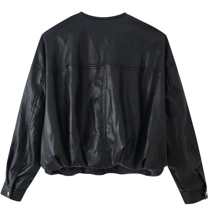 Damen Oversize Cropped Kunstleder‑Bomberjacke mit Rundhalsausschnitt und elastischem Saum Drune