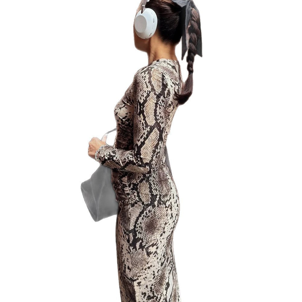 Damen Figurbetontes Maxikleid aus Stretch-Jersey mit Schlangenprint und Rundhalsausschnitt Drune