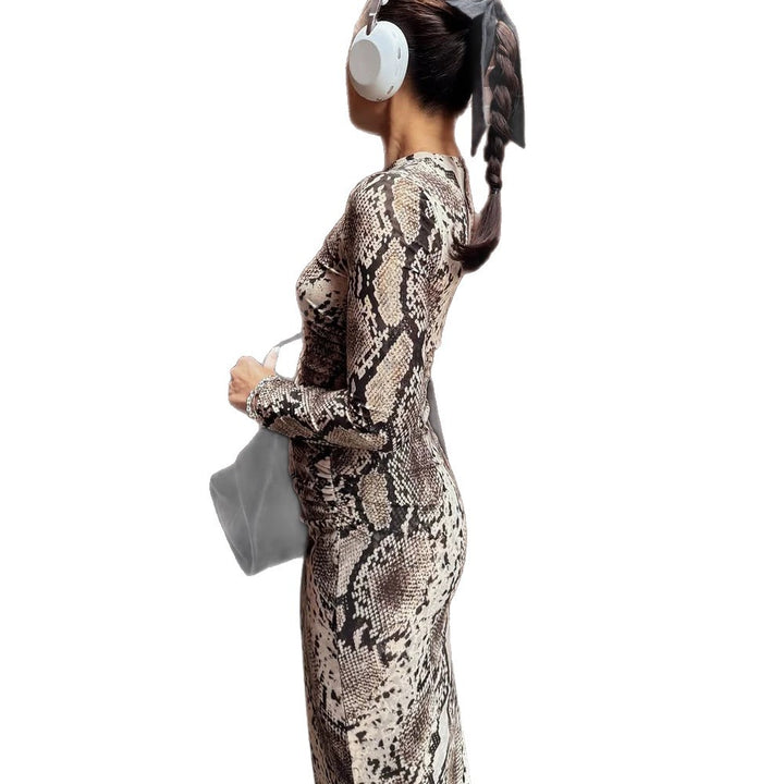 Damen Figurbetontes Maxikleid aus Stretch-Jersey mit Schlangenprint und Rundhalsausschnitt Drune