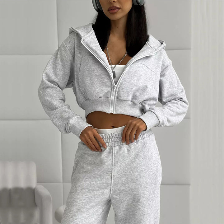 Damen kurzes Zip-Kapuzensweatshirt mit tailliertem Bündchen und weitem High‑Waist French‑Terry Jogginghose Set Drune