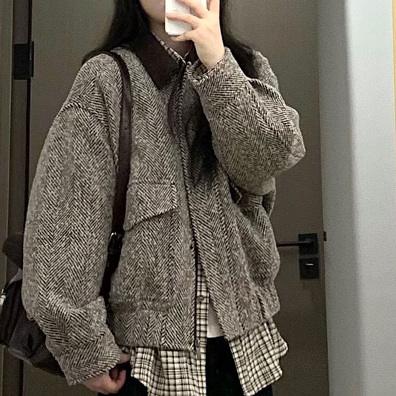 Damen lässige Wolljacke mit Karomuster Drune