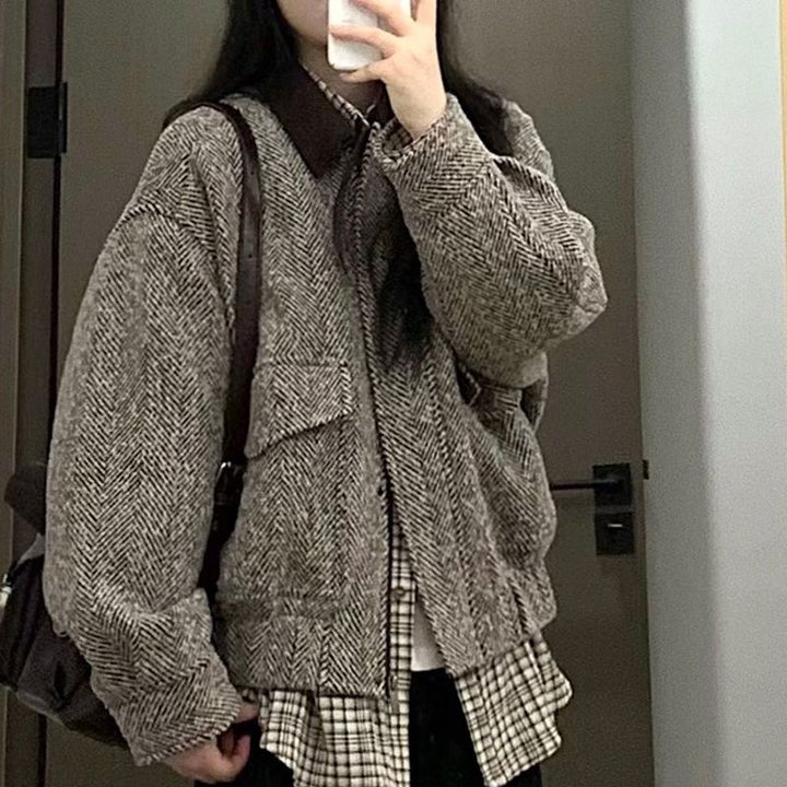 Damen lässige Wolljacke mit Karomuster Drune