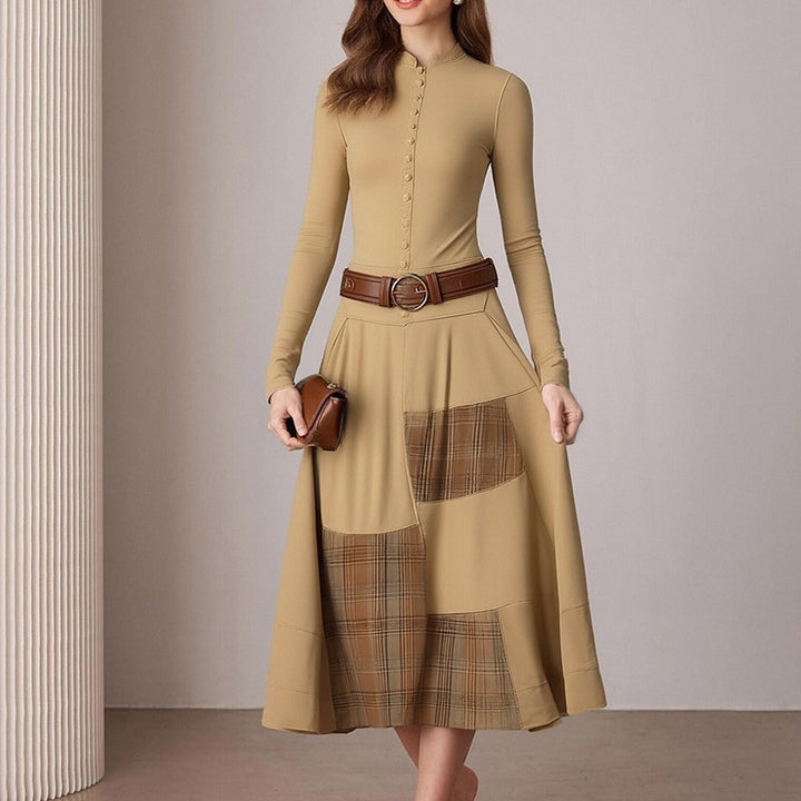 Damen Elegantes Midi-Kleid mit Knopfleiste und Kontrastdetails Drune