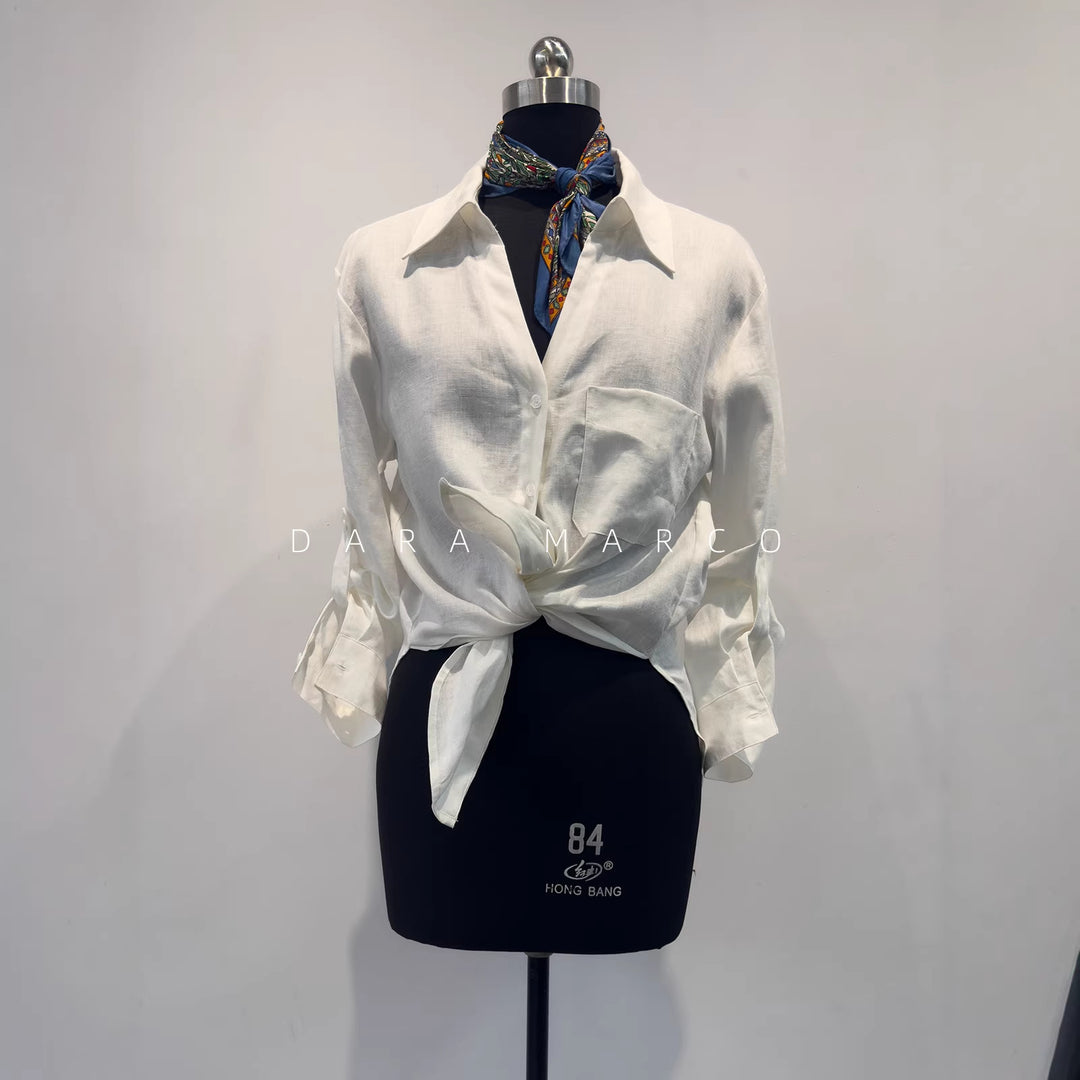 Damen Freizeit Knoten-Front Leinen Hemd Drune