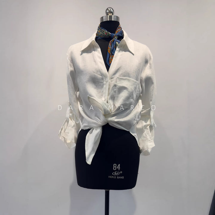 Damen Freizeit Knoten-Front Leinen Hemd Drune