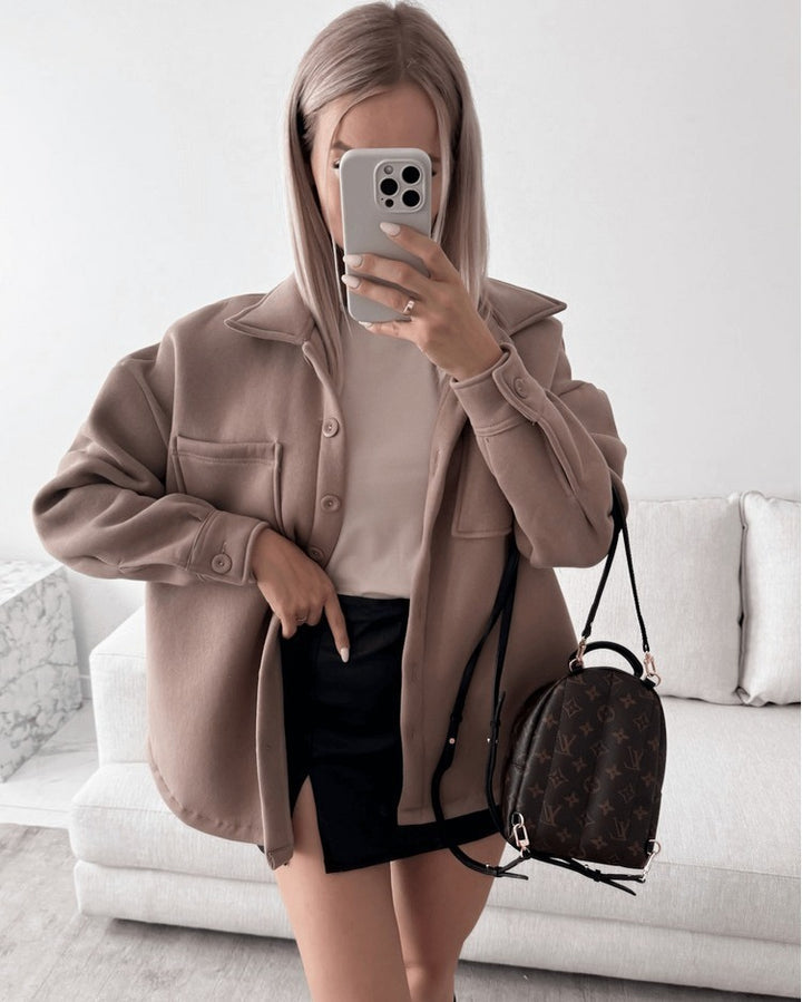 Damen Oversized Hemdjacke Shacket aus weichem Wollmix mit aufgesetzten Brusttaschen Drune