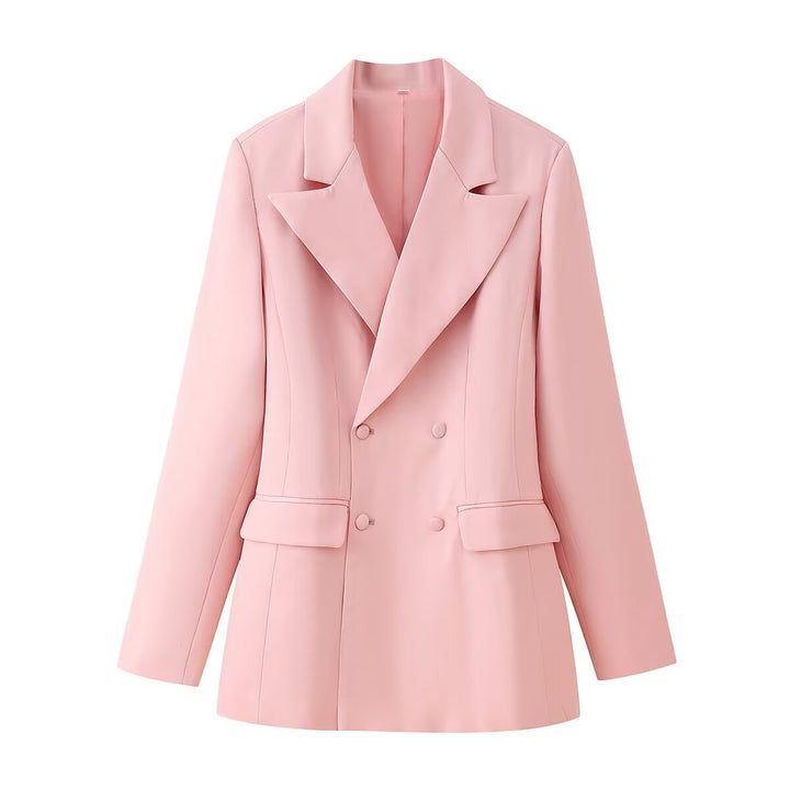 Damen 50+ taillierter Doppelreiher‑Longblazer mit oversized Revers und Pattentaschen Drune