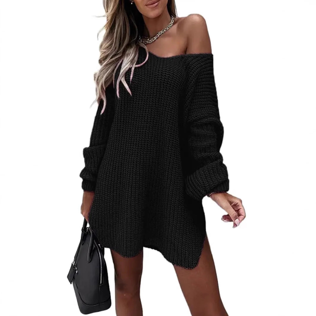 Damen Grobstrick Pullover mit V-Ausschnitt und weitem Schnitt Drune