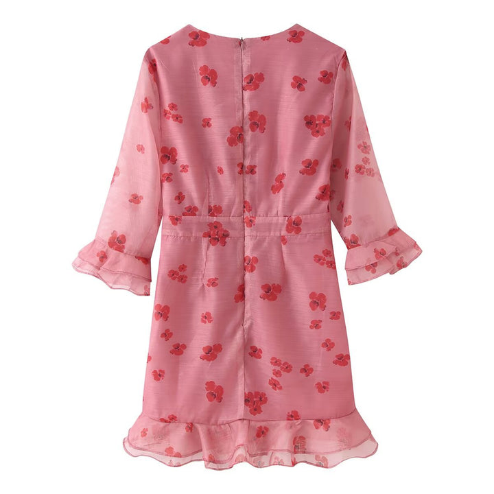 Damen Chiffon-Minikleid mit plissiertem Dekolleté, transparenten Volantärmeln und ausgestelltem Saum Drune
