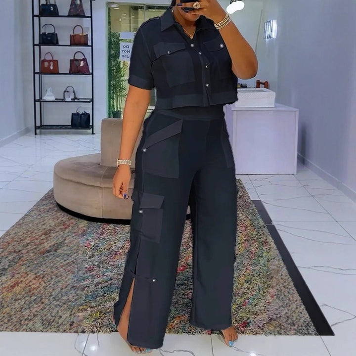 Damen nan zweiteiliges Hemd- und Cargo-Hosen-Set mit kurzem Oversize-Hemd, hoher Taille, weitem Bein und seitlichen Beinschlitzen Drune