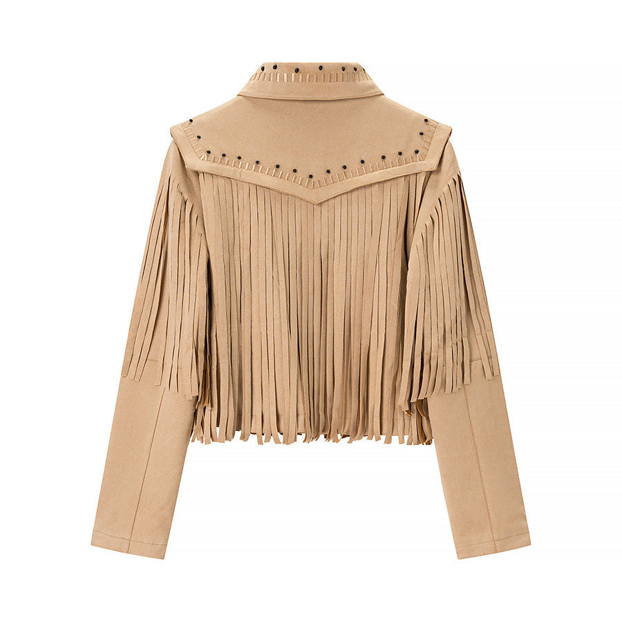 Damen nan kurze Fransenjacke im Wildlederlook mit Nietenbesatz Drune